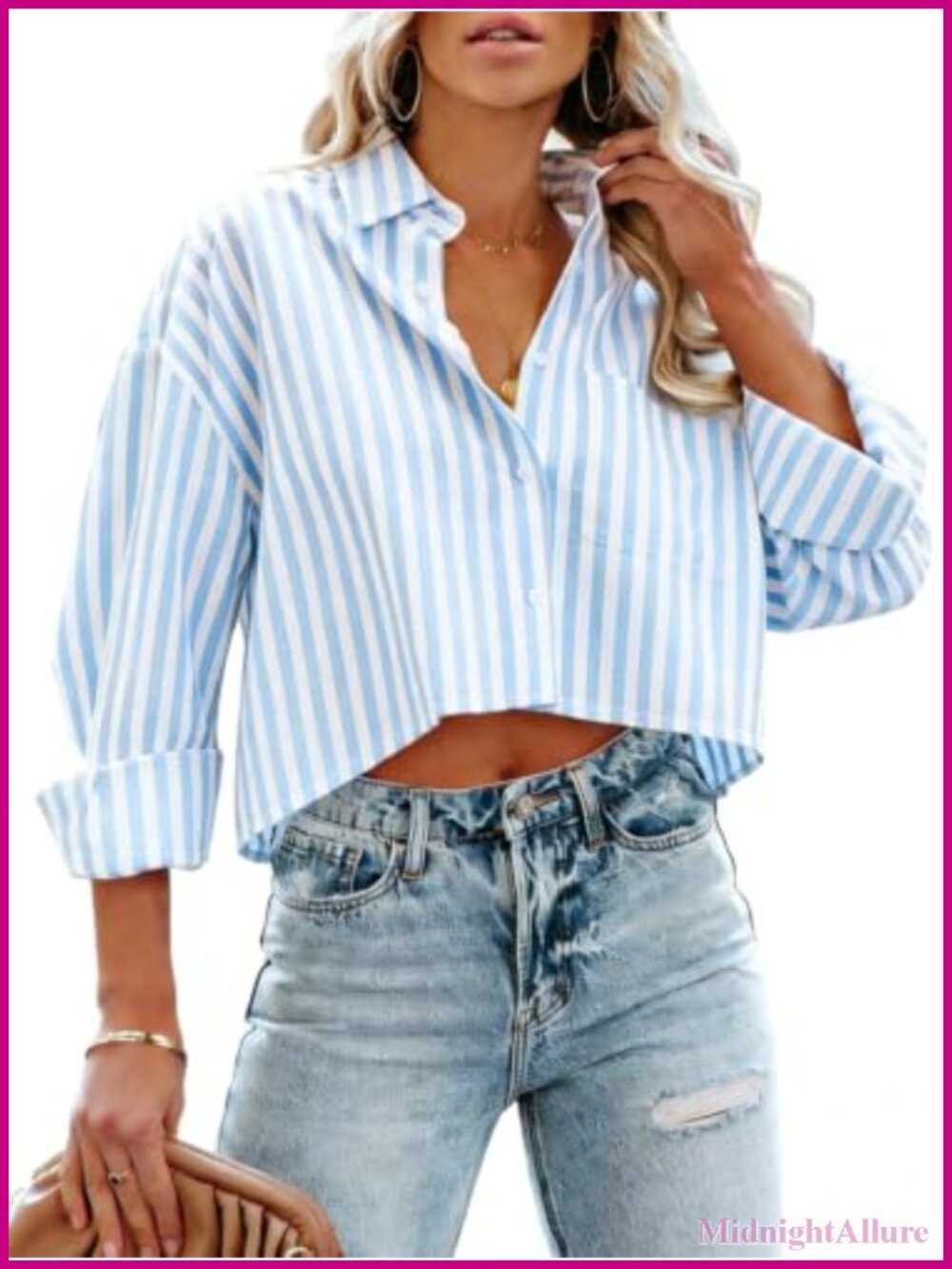 Womens Long Sleeve Button Down Striped Crop Top Blouse Casual Shirt Polyester